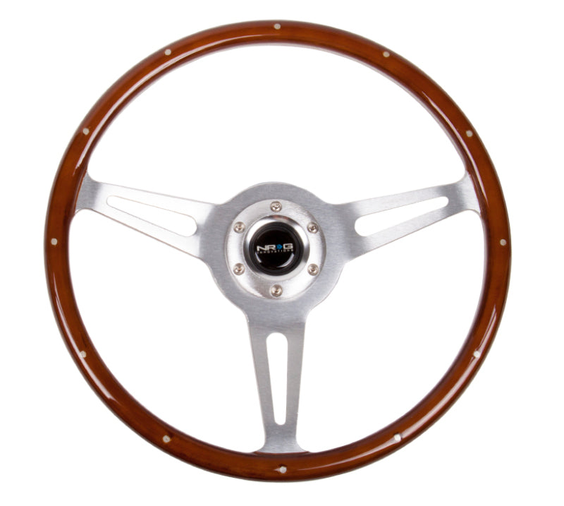 NRG Classic wood grain steering wheel with metal inserts and brushed aluminum center, 365mm diameter, 3-spoke design.