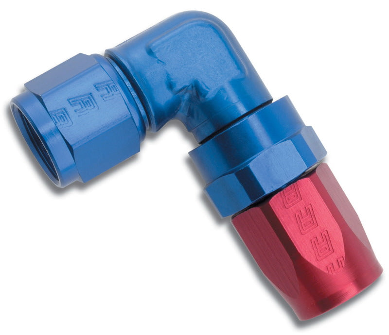 Russell Performance -6 AN red and blue 90 degree forged aluminum swivel hose end fitting with secure threaded connection.