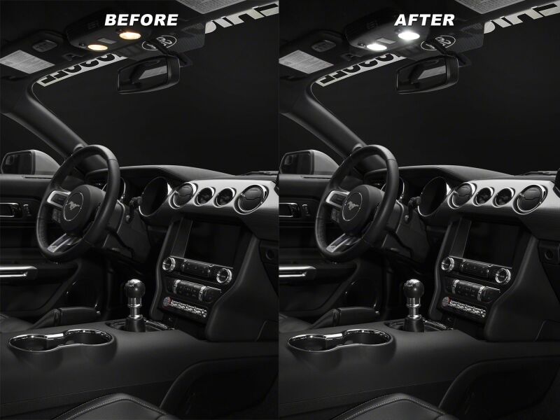 Raxiom Ford Mustang Stage 2 Map Light LED Conversion Kit installed in the interior, showcasing bright LED light bars and cubes.