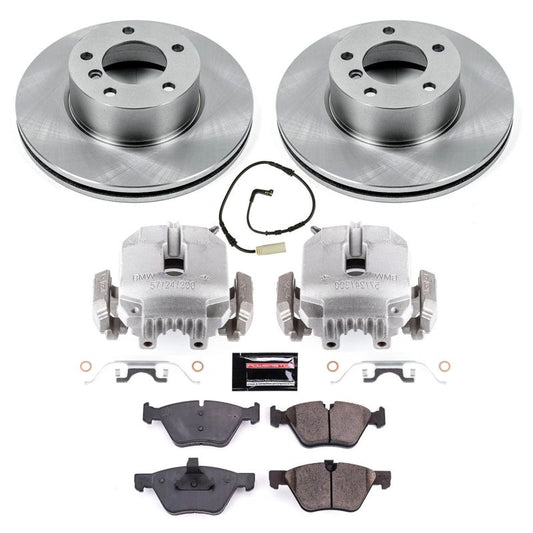 PowerStop OE front brake kit with calipers for BMW 128i (2008-2010), includes brake rotors and hardware.
