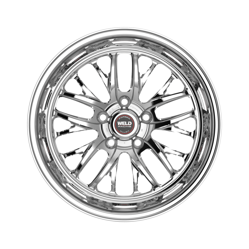 Weld S82 forged wheel with polished center and shell, 18x5 size, 5x120 bolt pattern, 2.1 BS, 3.18 HB, non-BL finish