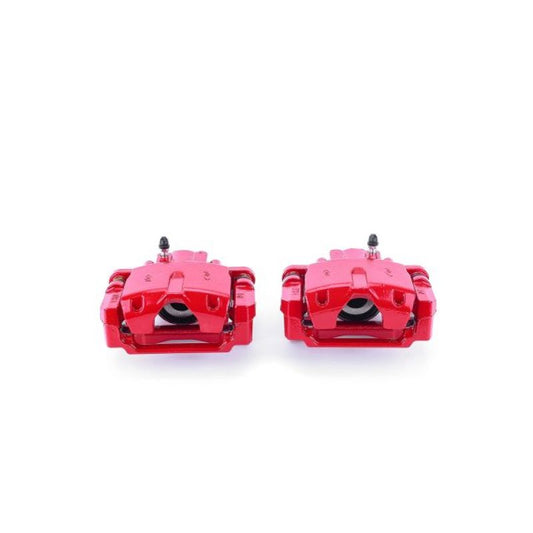Pair of PowerStop rear red brake calipers with brackets for 2004-2009 Cadillac SRX, performance brake calipers for enhanced stopping power.