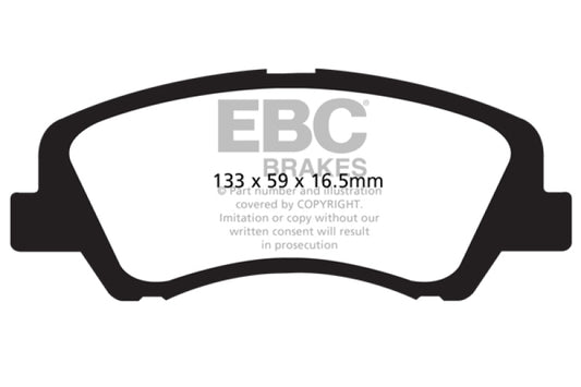 EBC 12+ Hyundai Accent 1.6 Ultimax2 front brake pads, OE type, showing the new brake pad set with metallic backing plates