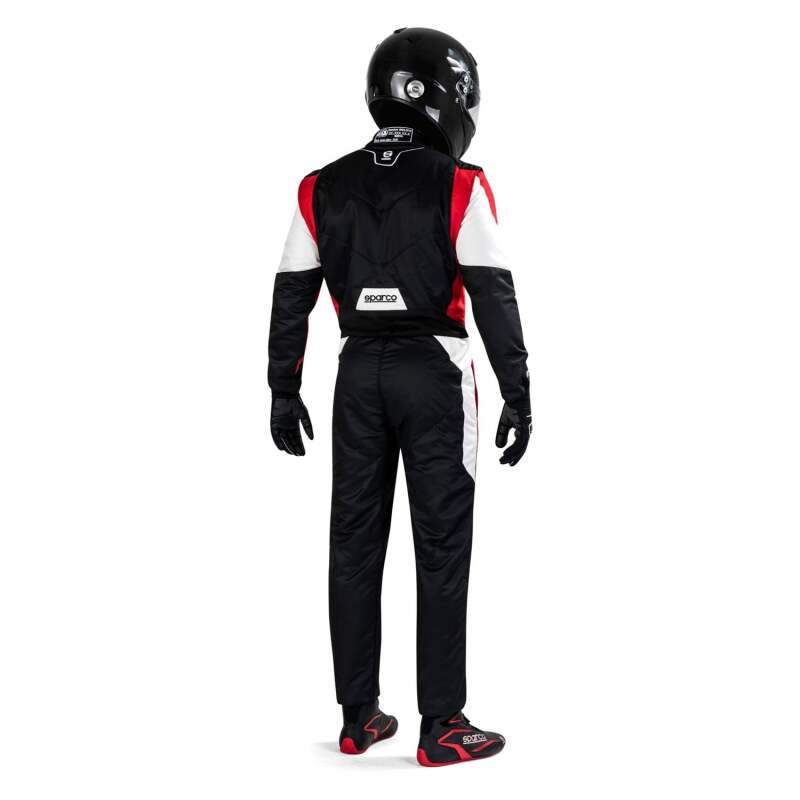 Black and red Sparco competition racing suit with racing suit design, featuring brand logo and aerodynamic fit.