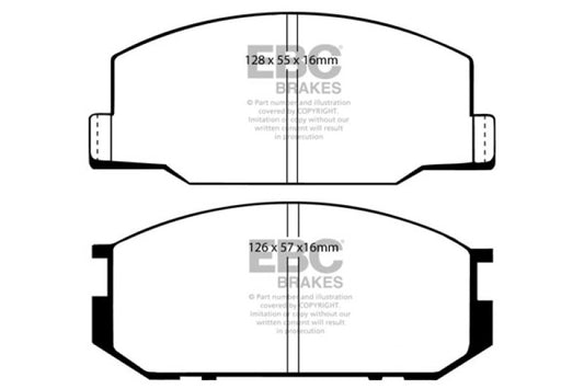 EBC Ultimax front brake pads for 1982-1985 Toyota Celica 2.0L, OE style brake pads with metal backing plates.