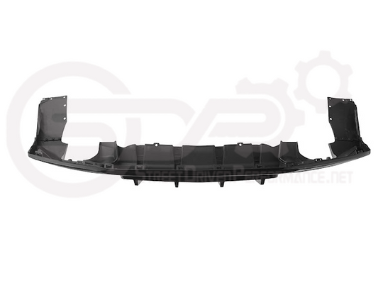 Glossy black rear bumper diffuser for 2016-2024 Chevrolet Camaro, styled for track performance, with finned lower design by SDP Performance.