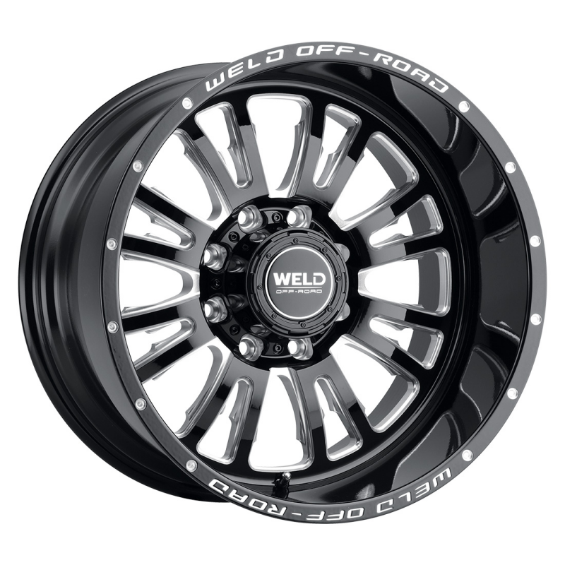 Weld Forged Slingblade 20x10 wheel in gloss black milled finish with 8x180 bolt pattern and 4.75 BS, non-BL wheel design.