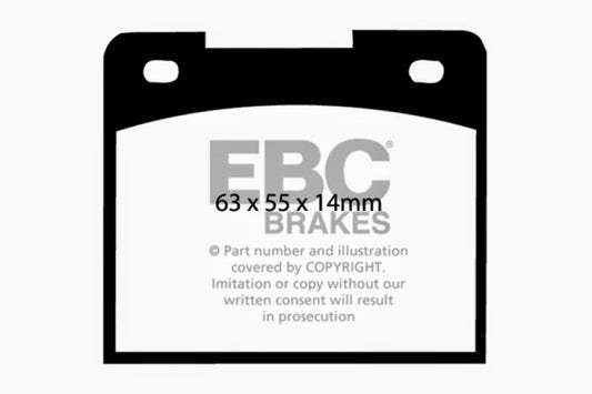 EBC Ultimax2 front brake pads for Ford Cortina 1.2, OE quality, shown in a close-up image of the brake pad set.