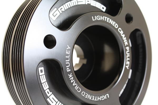 Black GrimmSpeed lightweight crank pulley for Subaru, underdrive crank pulley designed to improve engine performance.