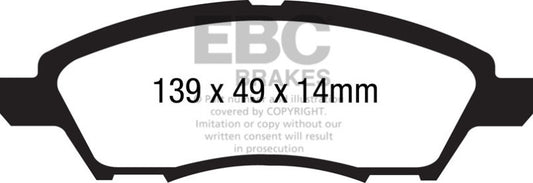 EBC 12+ Nissan Versa 1.6 Ultimax2 front brake pads, OE style, with metal backing and friction material for reliable braking.