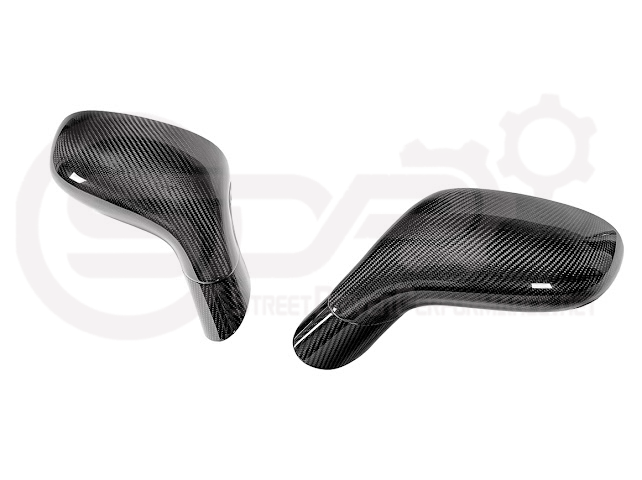 Set of four dry carbon fiber side mirror cap covers for 2005-2013 Chevy Corvette C6, tape-on installation by Street Driven Performance.