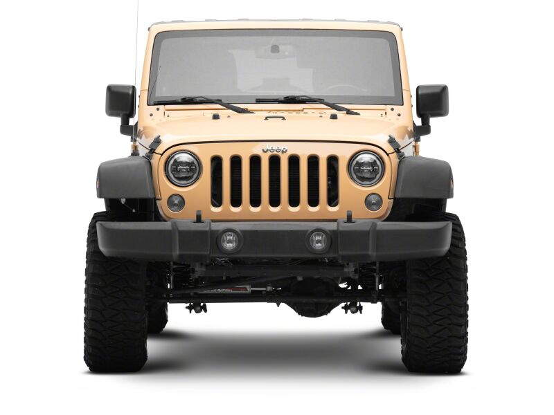 Raxiom 07-18 Jeep Wrangler Axial Series 7-inch LED headlights with black housing and clear lens, featuring daytime running lights.