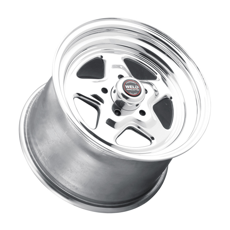 Polished Weld Prostar 15x12 forged wheel with 5x114.3 bolt pattern, 6.5 backspacing, and 3.18 hub bore for cars.