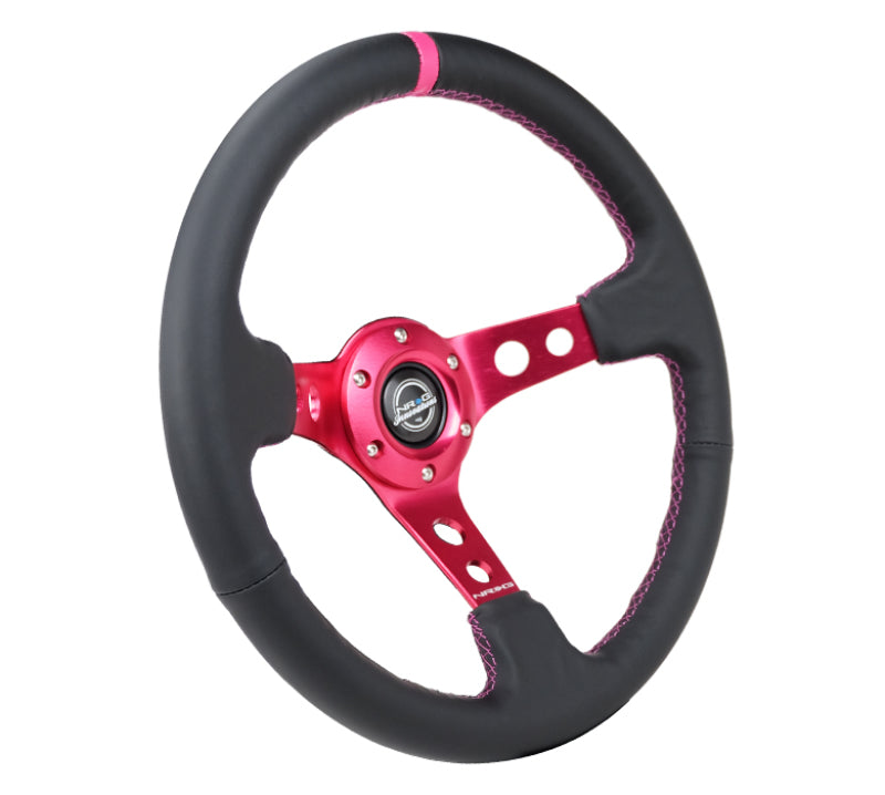 NRG reinforced 350mm black leather steering wheel with fuchsia center mark and stitching, designed for car racing and driving enthusiasts.