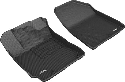 Black 3D MAXpider rubber floor mat for the first row of Kia Forte Kagu (2019-2020) with a textured surface and custom fit design.