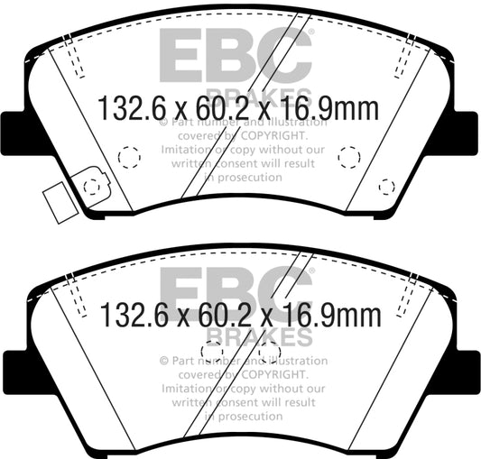 EBC 2017+ Hyundai Elantra 1.4L Turbo Ultimax2 front brake pads, OE replacement, durable automotive brake component.