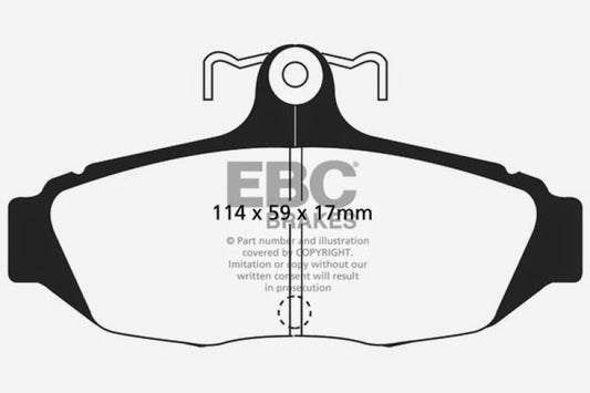 EBC Redstuff rear brake pads for 87-93 Ford Mustang 5.0 performance braking, shown with red friction material and metal backing plate.
