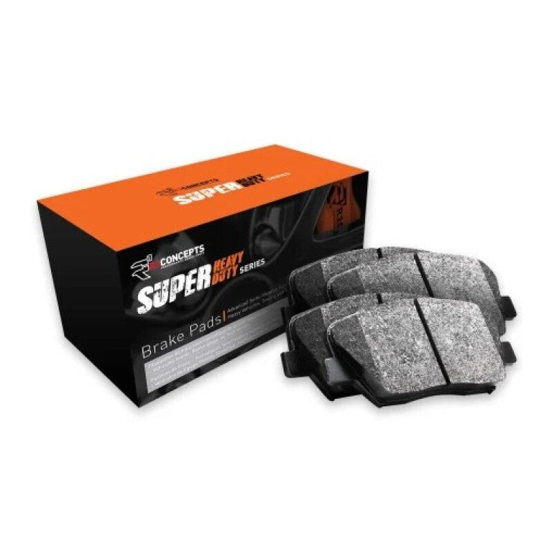 R1 Concepts Toyota Sequoia 07-22 front super duty performance brake pads, black metal with wear indicators, for enhanced braking.