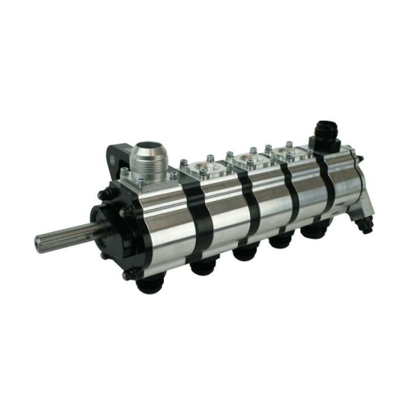 Moroso Tri-Lobe 5 Stage Dry Sump Oil Pump left side view showing pressure gauge and detailed pump components
