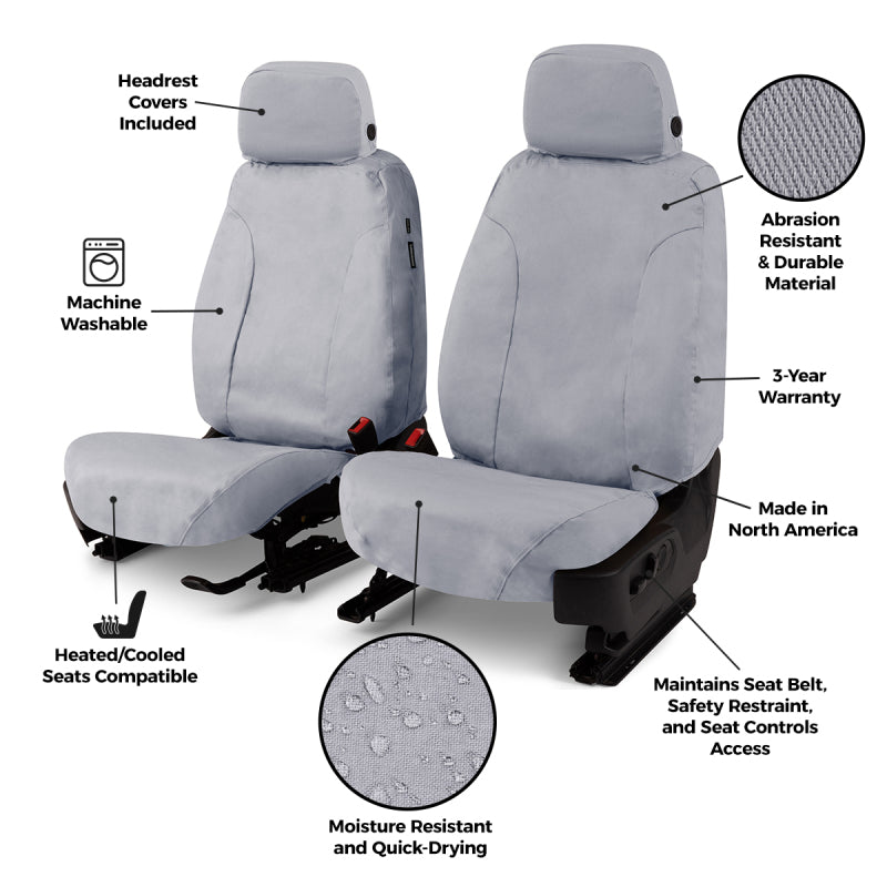 Covercraft Ford Transit front row seat covers in misty grey, custom polycotton material, designed for 2014-2023 model year.