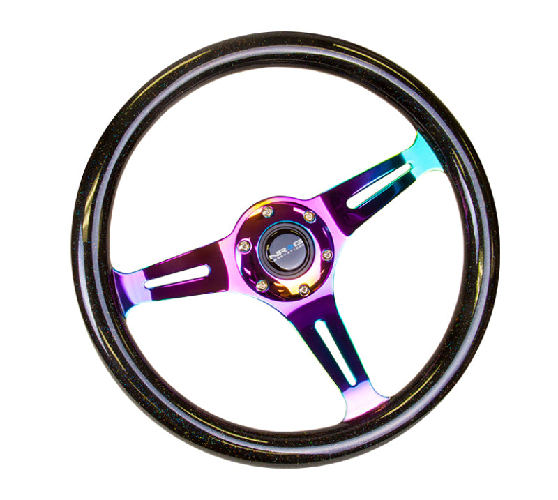 NRG Classic wood grain steering wheel in black sparkle and galaxy color with 3-spoke neochrome design, 350mm diameter.