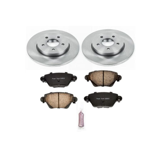 PowerStop OE brake kit for Jaguar X-Type rear, including brake pads and rotors, installed on vehicle with visible components.
