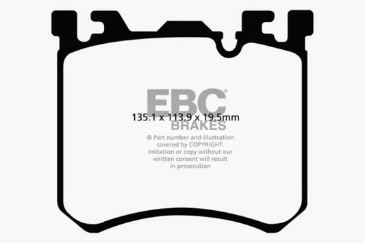 EBC Redstuff front brake pads for BMW X5M 4.4 Twin Turbo, performance brake pads with red friction material and metal backing plate