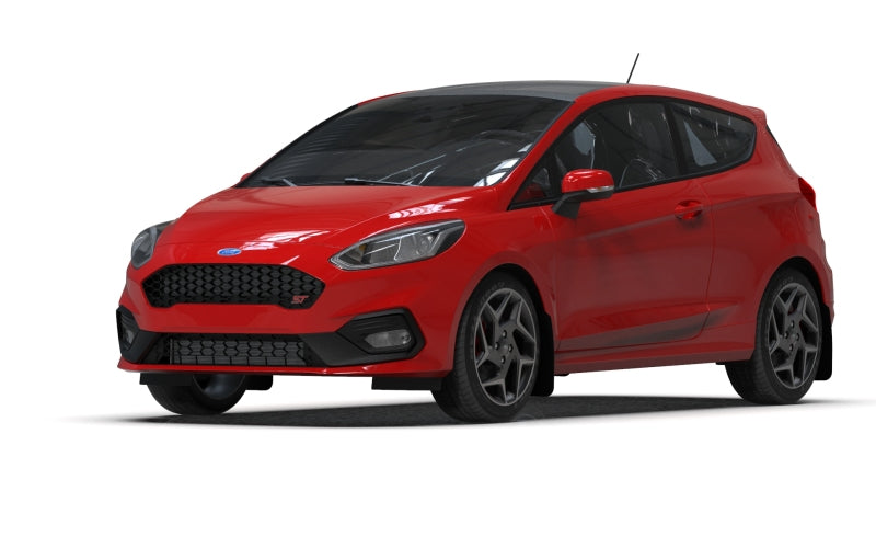 Red Rally Armor mud flaps with white logo installed on a 2022-2023 Ford Fiesta ST MK8, providing protection and style.