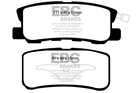 EBC Ultimax2 rear brake pads for Chrysler 200 2011-2014, OE style brake pads with metal backing plates.