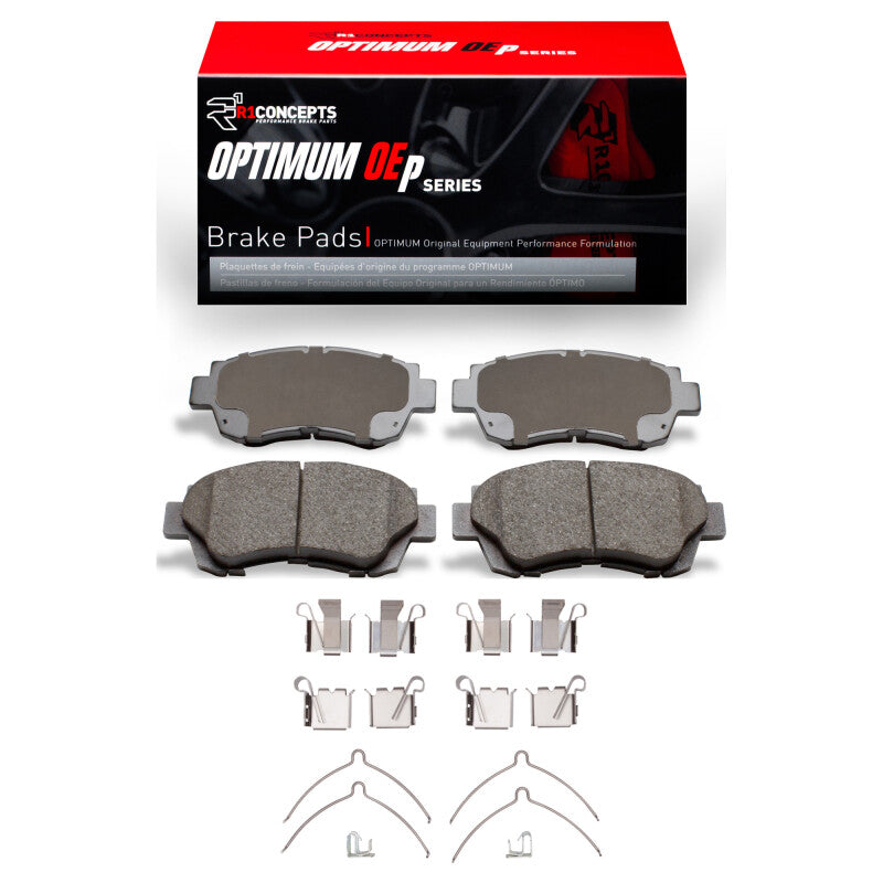 R1 Concepts Lexus ES300 R1 90-98 front OE brake pads and hardware kit, showing new brake pads and hardware components.
