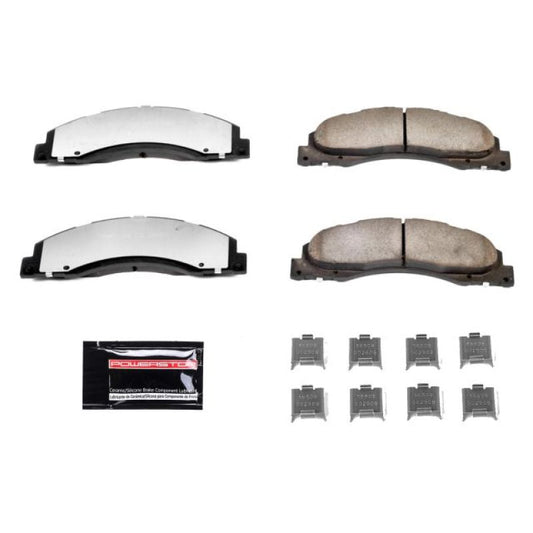 PowerStop Z36 performance front brake pads for Ford E-150 truck with hardware, designed for towing and heavy-duty braking.