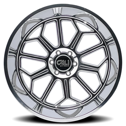 Cali Off-Road Auburn 20x10 cast wheel with polished finish, 6x139.7 bolt pattern, -25mm offset, and 106mm hub.