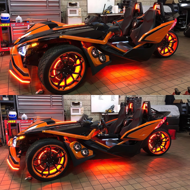 Oracle Lighting ColorSHIFT LED wheel ring light strip showing vibrant multi-color illumination on a vehicle wheel.