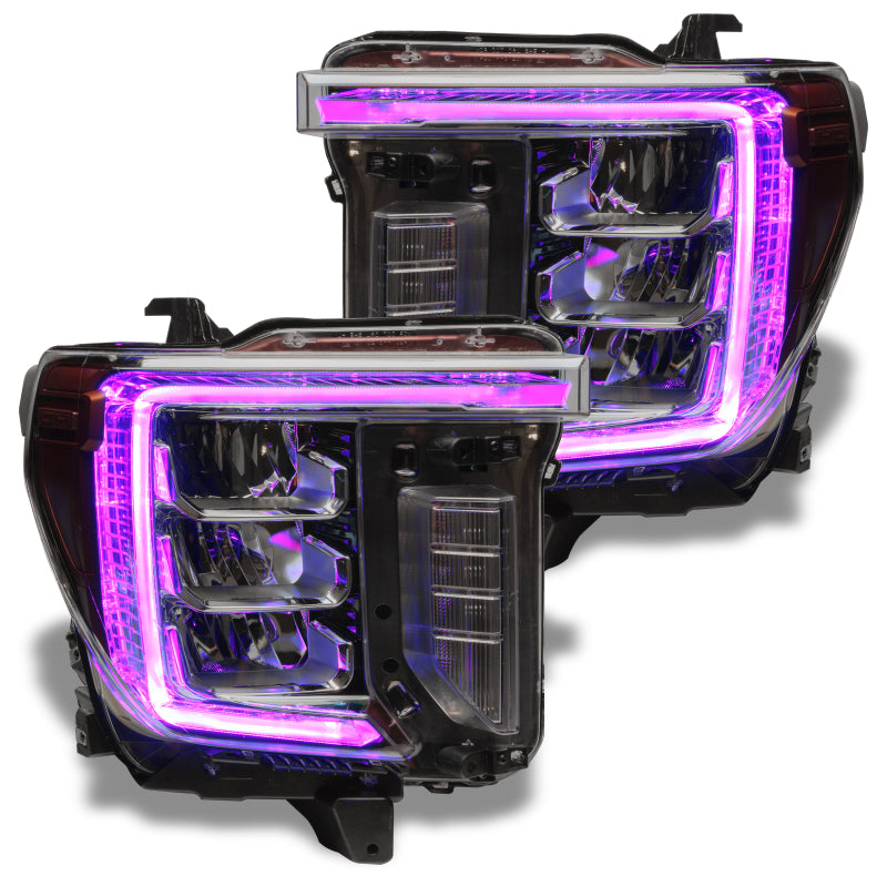 Oracle GMC Sierra 2500/3500 HD RGB+W headlight DRL kit with BC1 controller, featuring LED headlights and colorful lighting accents.