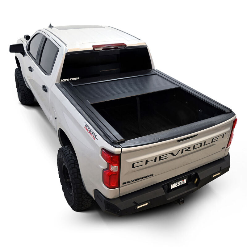 Westin roll-up tonneau cover in black for Silverado/Sierra 1500 5ft 8in bed, manual retractable design, durable and secure.