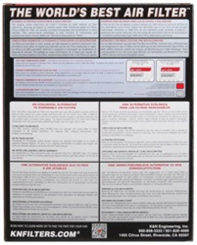 K&N Engineering 16-18 Chevrolet Spark L4-1.4L drop-in engine air filter showing the clean, rectangular filter element for replacement.