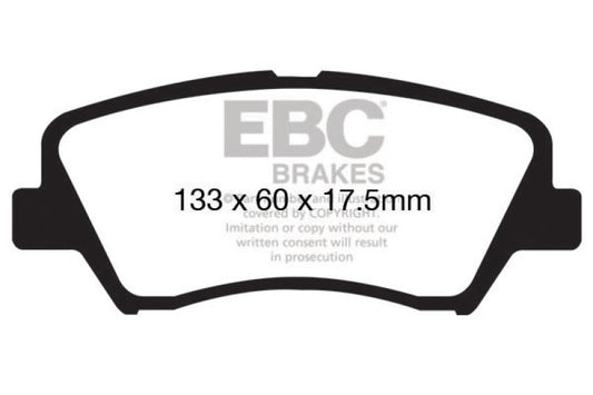 EBC 13+ Hyundai Elantra 1.8 Redstuff front brake pads, performance brake pads with red friction material for improved stopping power.