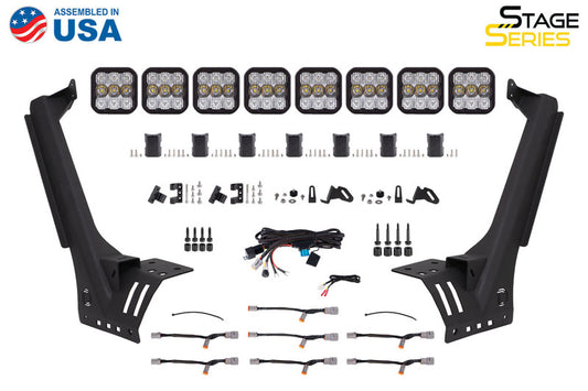 Diode Dynamics Jeep JL SS5 Pro CrossLink Windshield yellow combo lightbar and LED light bars for off-road illumination.