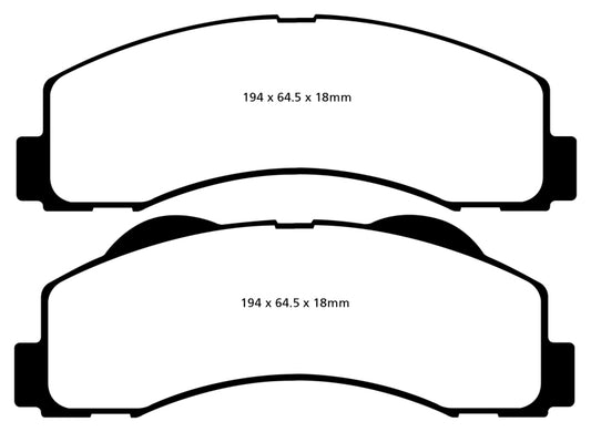 EBC 15+ Ford Expedition 3.5 Twin Turbo front brake pads, OE style Ultimax2, showing the brake pad design and packaging.