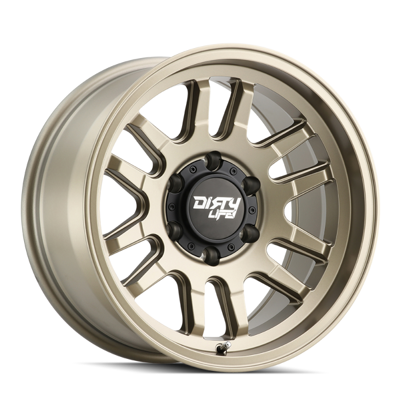 Dirty Life Canyon 17x9 satin gold cast wheel with 6x135 bolt pattern, 0mm offset, and 87.1mm hub for off-road vehicles.