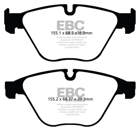 EBC Redstuff front brake pads for BMW 535i 3.0 Turbo F10, high-performance brake pads with red friction material.