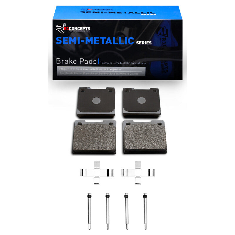 R1 Concepts OE rear semi-metallic brake pads and hardware kit for Volvo 164 (1968-1971) shown in the image.
