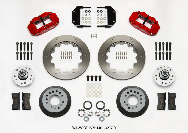 Wilwood Narrow Superlite 6R front hub kit with red Magnum Force drop spindle for big brake conversions, 14-inch diameter.