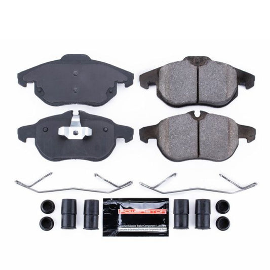 PowerStop Z23 Evolution Sport front brake pads with hardware for Saab 9-3 2003-2005, high-performance brake replacement.