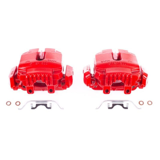 Pair of PowerStop red front brake calipers with brackets for 2006 BMW 325i, performance brake calipers shown in the image.