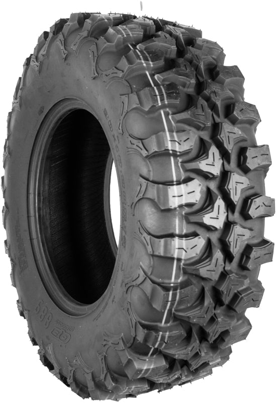 QuadBoss QBT889 30x10R15 off-road UTV tire with 8-ply construction on loose terrain, suitable for rugged outdoor driving.