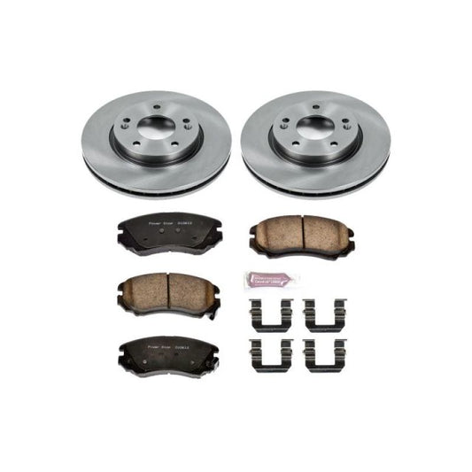 PowerStop OE front brake kit for 2007-2010 Hyundai Elantra, includes brake rotors and pads, shown installed on vehicle.