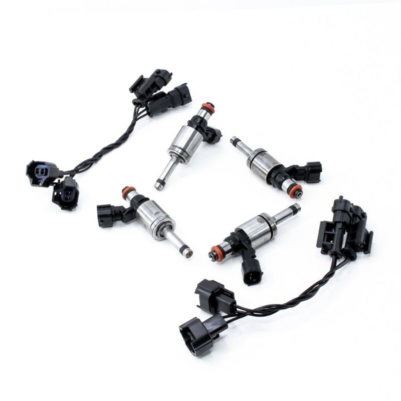 DeatschWerks fuel injector set for Ford Focus ST, RS, and Mustang 2.3L EcoBoost, 1700cc GDI injectors with four injectors shown.