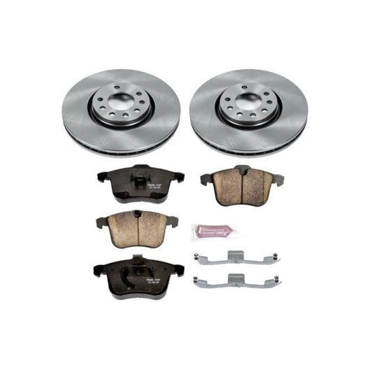 PowerStop OE brake kit for Saab 9-3 front brakes, includes rotors and pads, designed for 2006-2011 models.