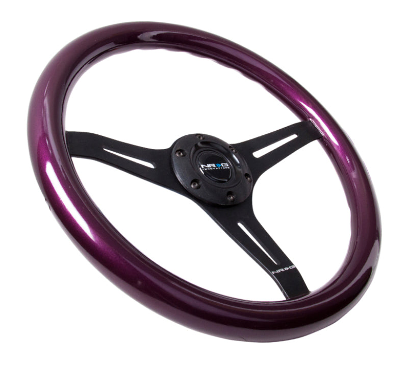 NRG Classic wood grain steering wheel with purple pearl flake paint and black 3-spoke center, 350mm diameter for racing or custom cars.